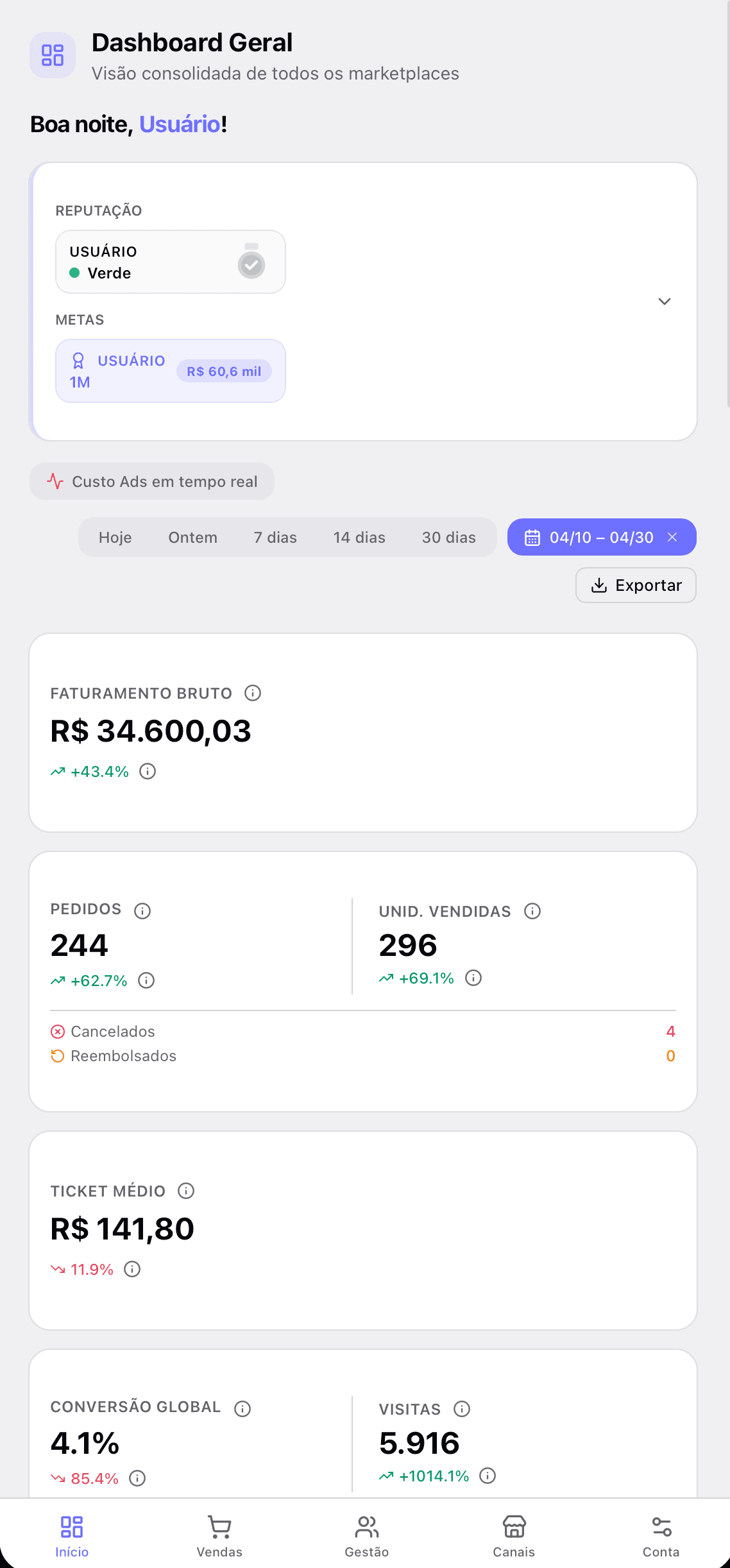 OrbMetrics no celular — tema claro